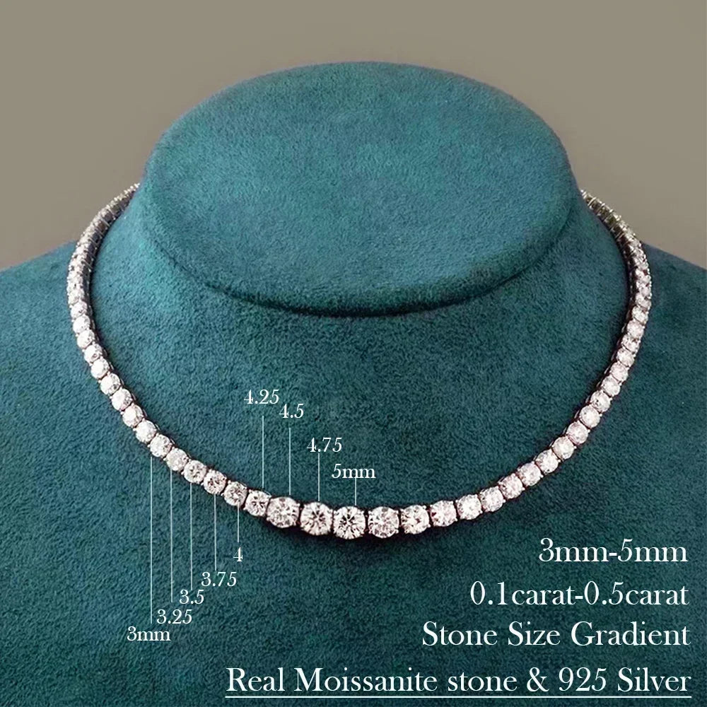 3-5mm Size Gradient Full Moissanite Diamond Tennis Necklace with Certificate 100% S925 Silver Choker Riviera Necklace for Women