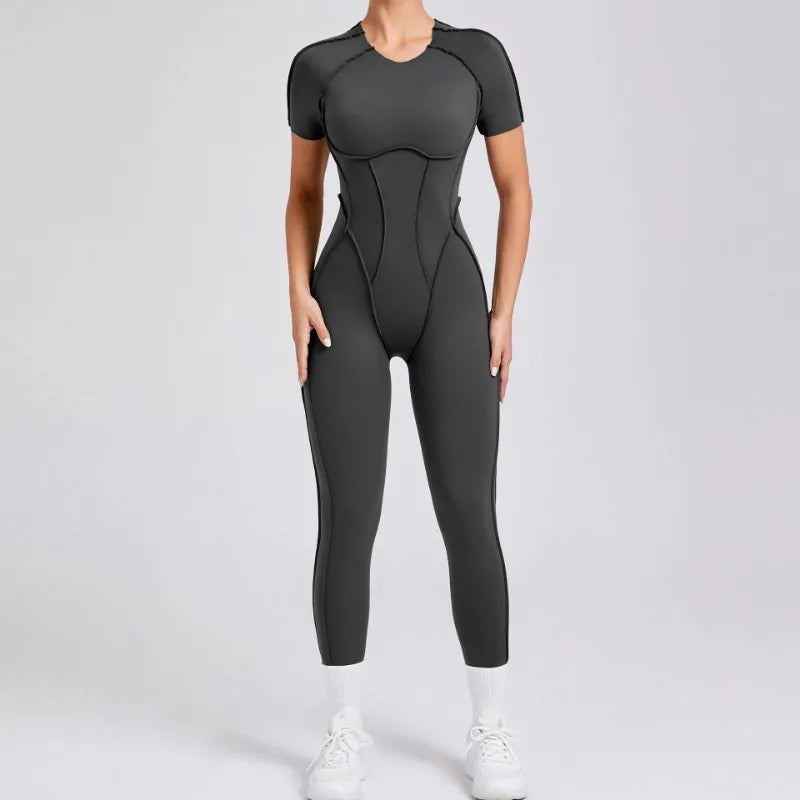 Seamless Yoga Jumpsuits Sports Fitness Hip-lifting Backless Short-sleeved One-piece Workout Gym Leggings Tracksuits for Women