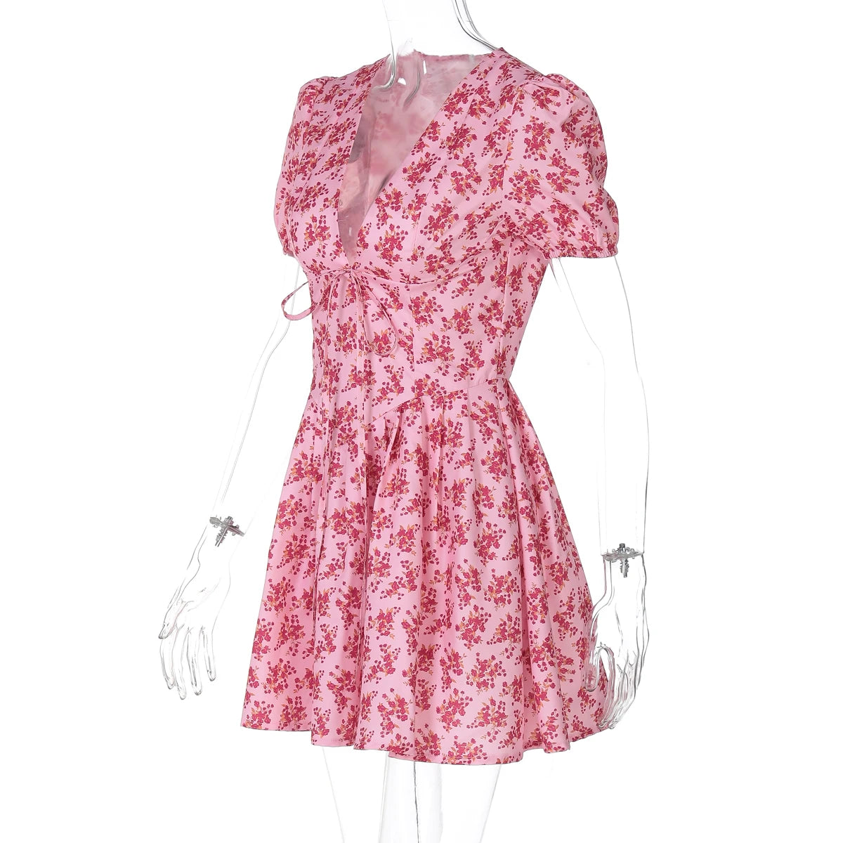 Hugcitar 2025 Floral Print V Neck Short Sleeve Lace Up Zip Up Sexy Slim Pleated Mini Dress Summer Elegant Outfits Party Vacation
