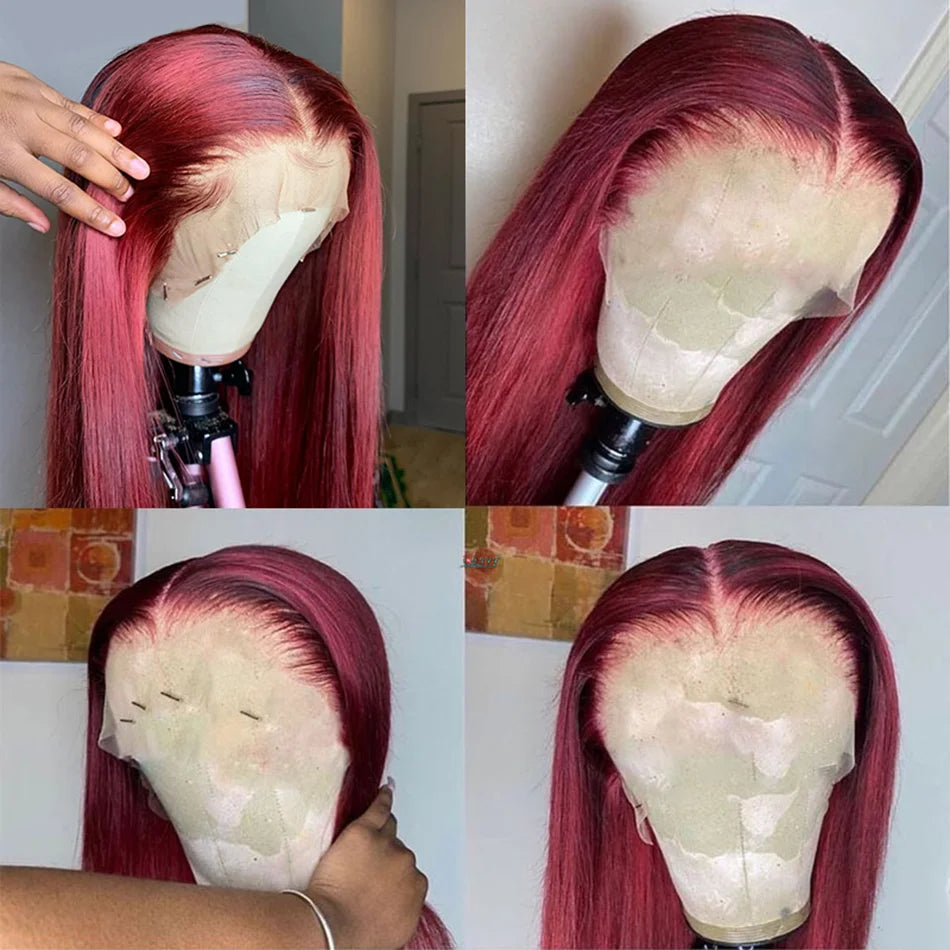13x6 HD Lace Front Wig Human Hair Wigs 99J Red Burgundy Colored HD Transparent Pre Plucked Lace Frontal Human Hair Wigs Straight