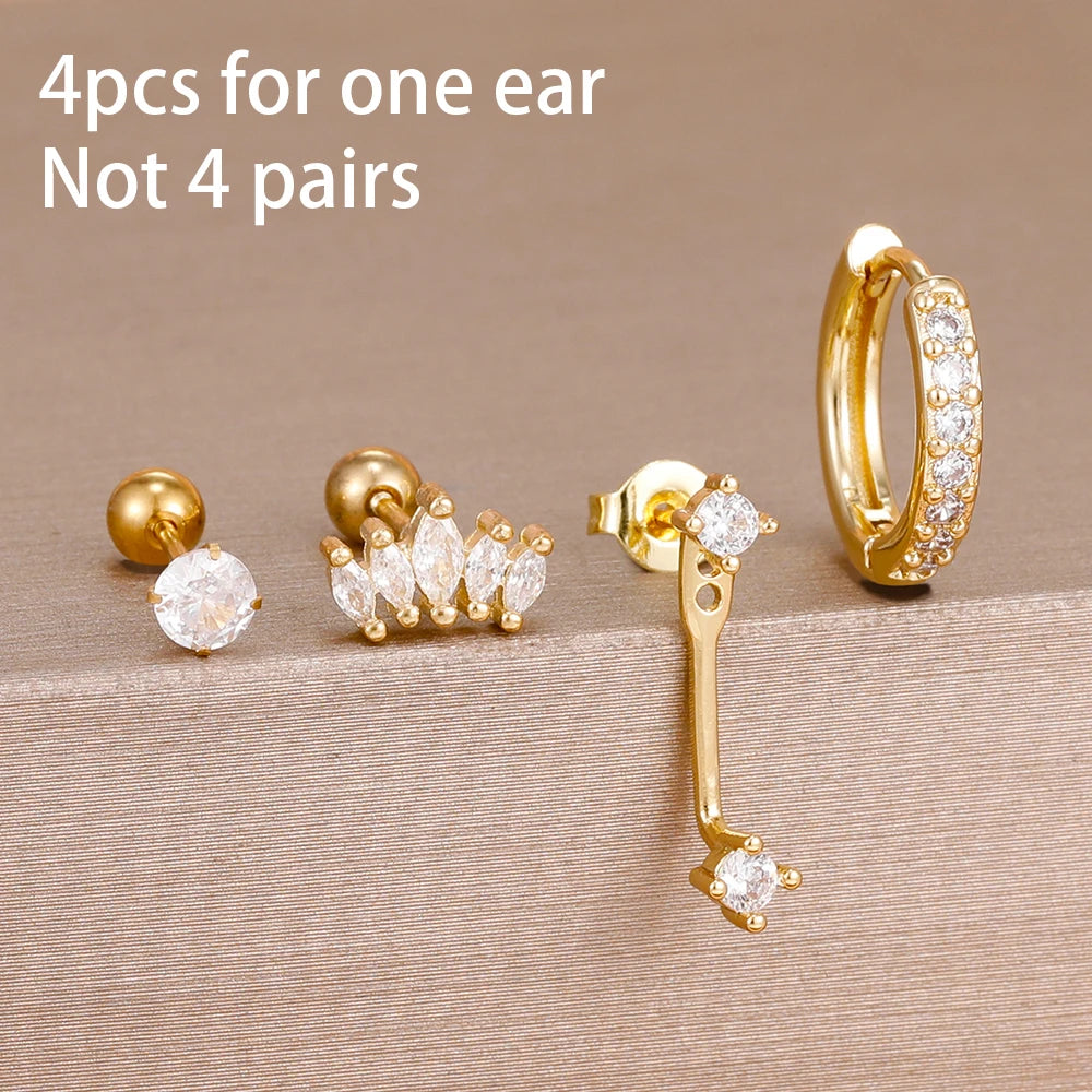 4pcs Korean Stainless Steel Zircon Water Drop Piercing Earrings Set For Women Simple Huggie Square Hoop Earring Fashion Jewelry