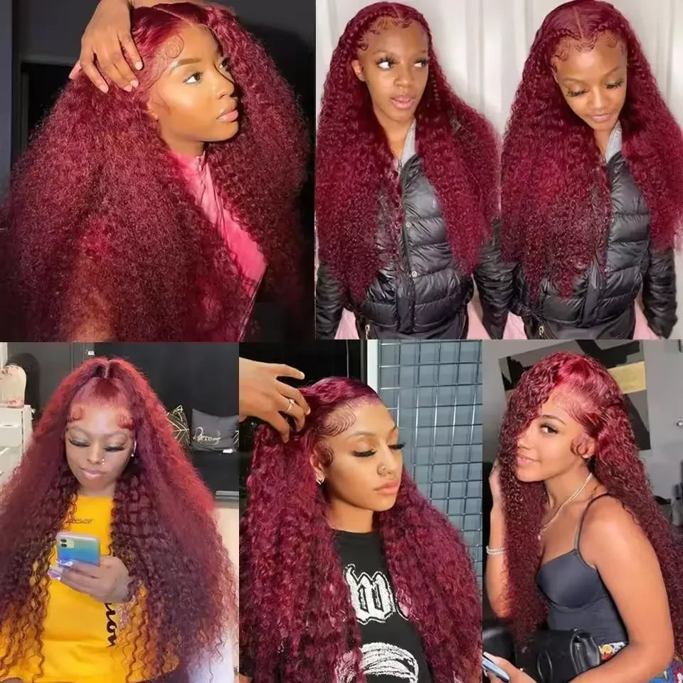 Burgundy Curly 13x6 Hd Lace Frontal Wig Human Hair 100% Brazilian 13x4 Water Deep Wave 99J Red Colored Wig For Women 40 46 Inch