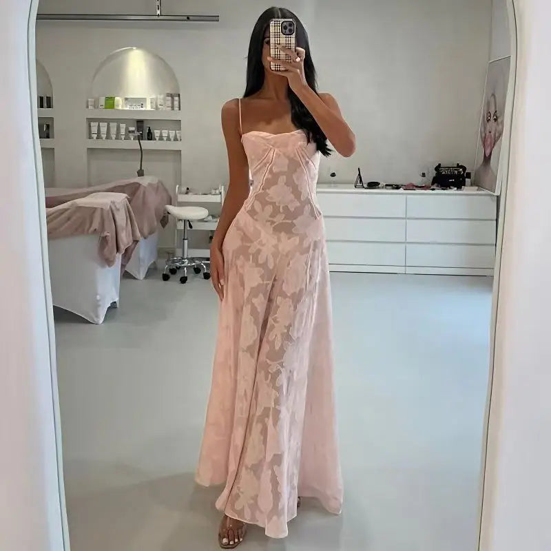 Laxsesu French romantic atmosphere pink jacquard camisole dress for women - elegant lightweight slim-fit hot girl maxi dress