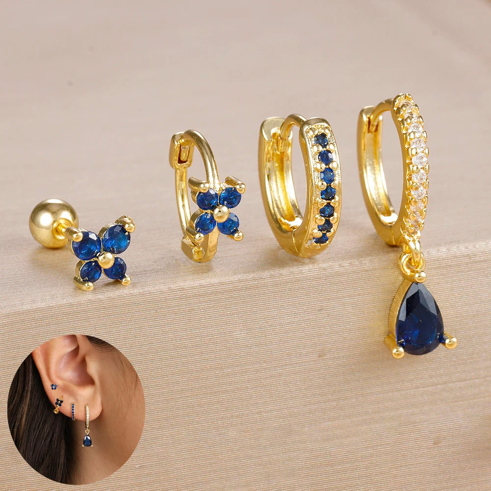 4pcs Korean Stainless Steel Zircon Water Drop Piercing Earrings Set For Women Simple Huggie Square Hoop Earring Fashion Jewelry