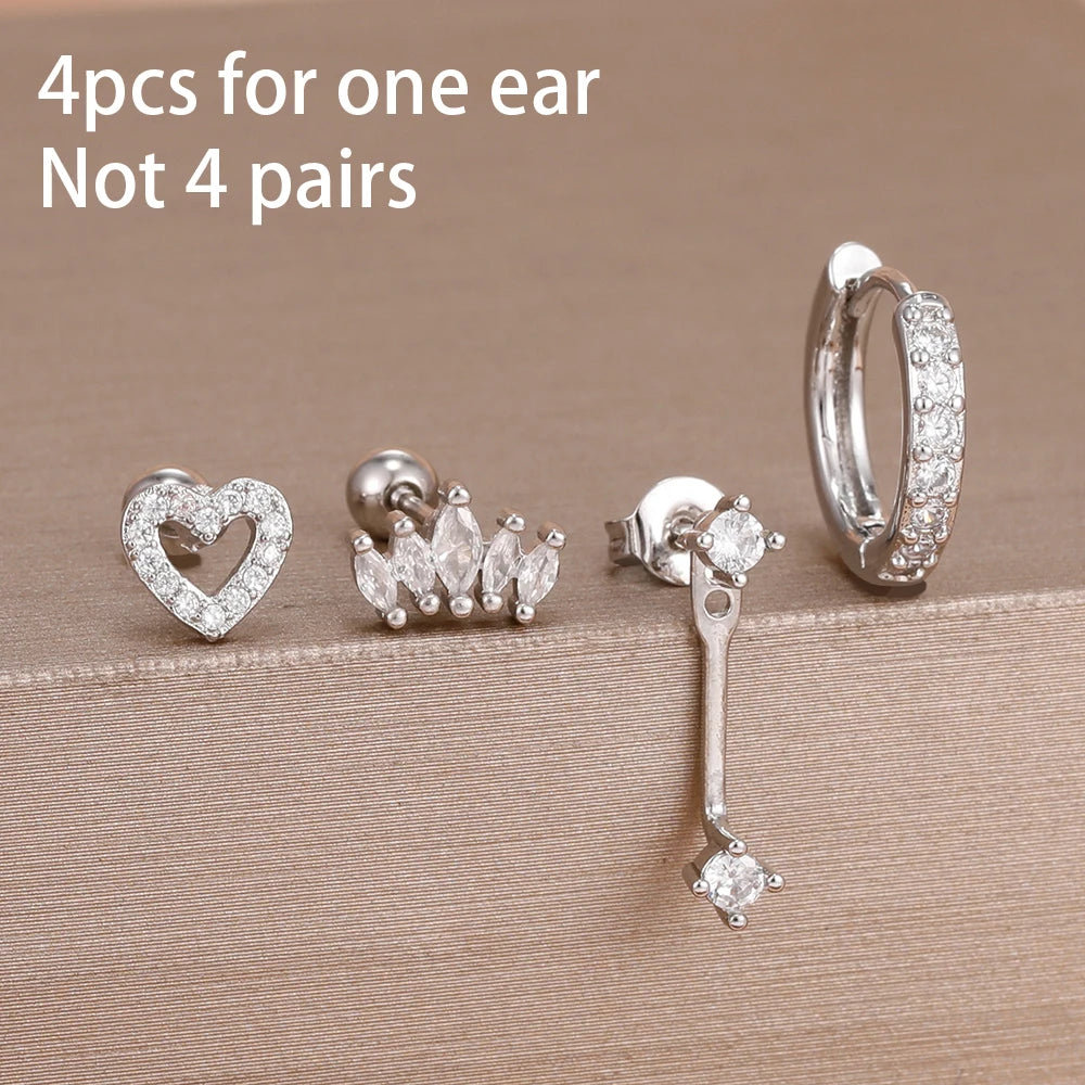 4pcs Korean Stainless Steel Zircon Water Drop Piercing Earrings Set For Women Simple Huggie Square Hoop Earring Fashion Jewelry