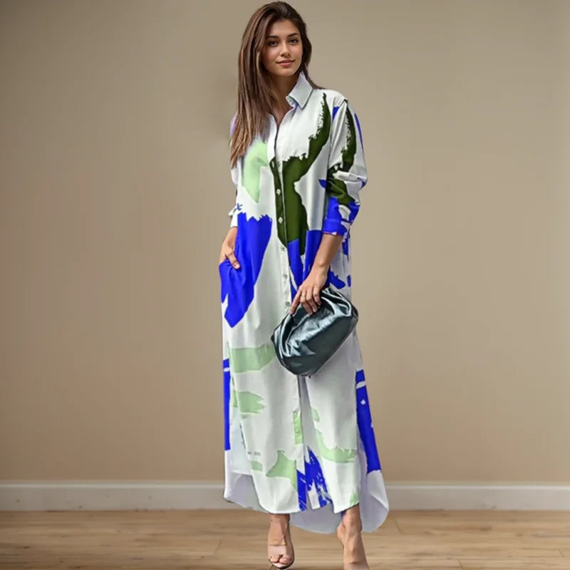 Fashion Sexy Side Split Turn Down Collar Shirt Long Dress Elegant Temperament Printed Long Sleeve Pocket Single Breasted Dress