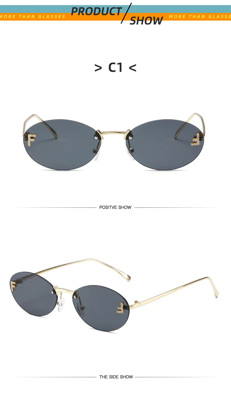 Diamond Letter "F" Rimless Sunglasses Women Luxury Brand Metal Frame Black Small Oval Sun Glasses Unsiex Elegant Shades UV400