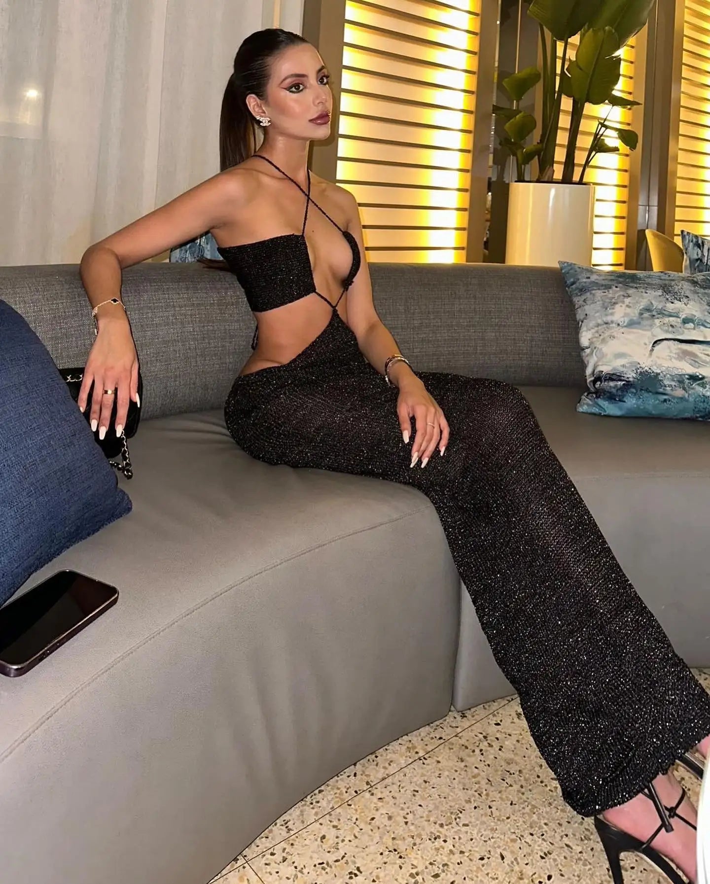 Cutout Dress Bodycon Halter Women Sleeveless V Neck Lace Up Sling Long Dress Fashion Beach Style Female Robe Summer