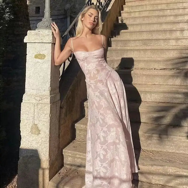 Laxsesu French romantic atmosphere pink jacquard camisole dress for women - elegant lightweight slim-fit hot girl maxi dress