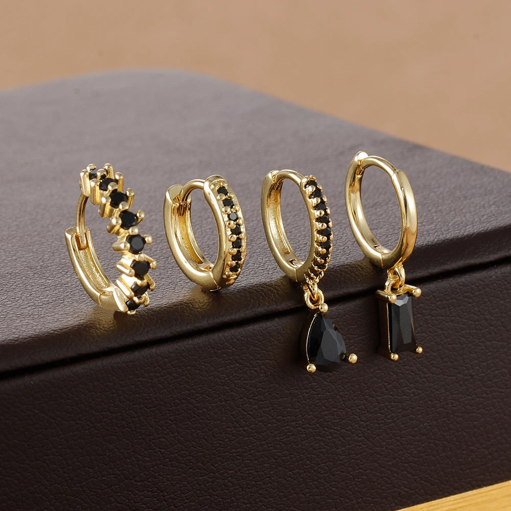 4pcs Korean Stainless Steel Zircon Water Drop Piercing Earrings Set For Women Simple Huggie Square Hoop Earring Fashion Jewelry