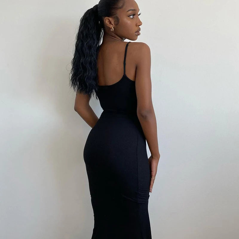 2024 Summer Dresses For Women Sexy Spaghetti Strap Black Long Dress Y2k Sleeveless Solid Skinny Bodycon Trumpet Maxi Vestidos
