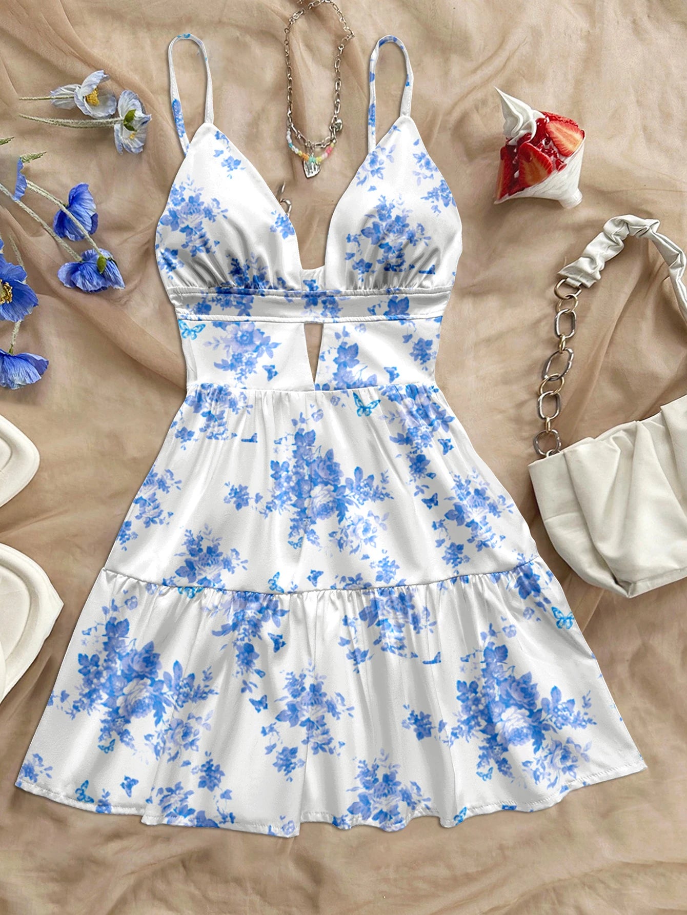 women's spring/summer new hot sale beach tropical vacation outfits light blue floral print slim fit short dress