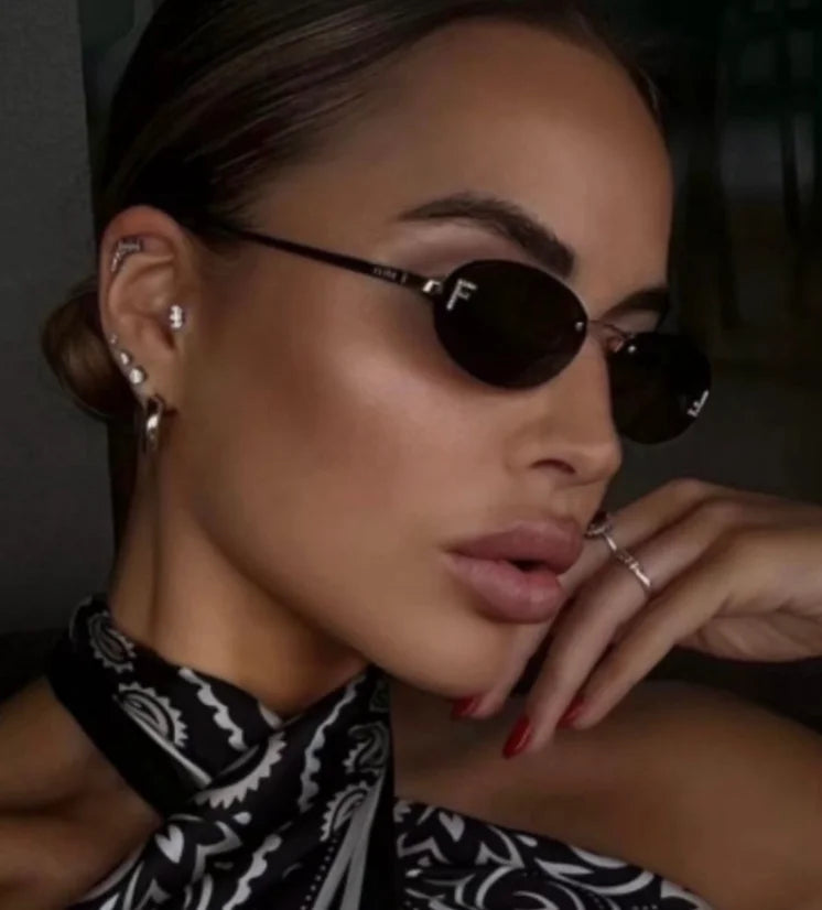 Diamond Letter "F" Rimless Sunglasses Women Luxury Brand Metal Frame Black Small Oval Sun Glasses Unsiex Elegant Shades UV400