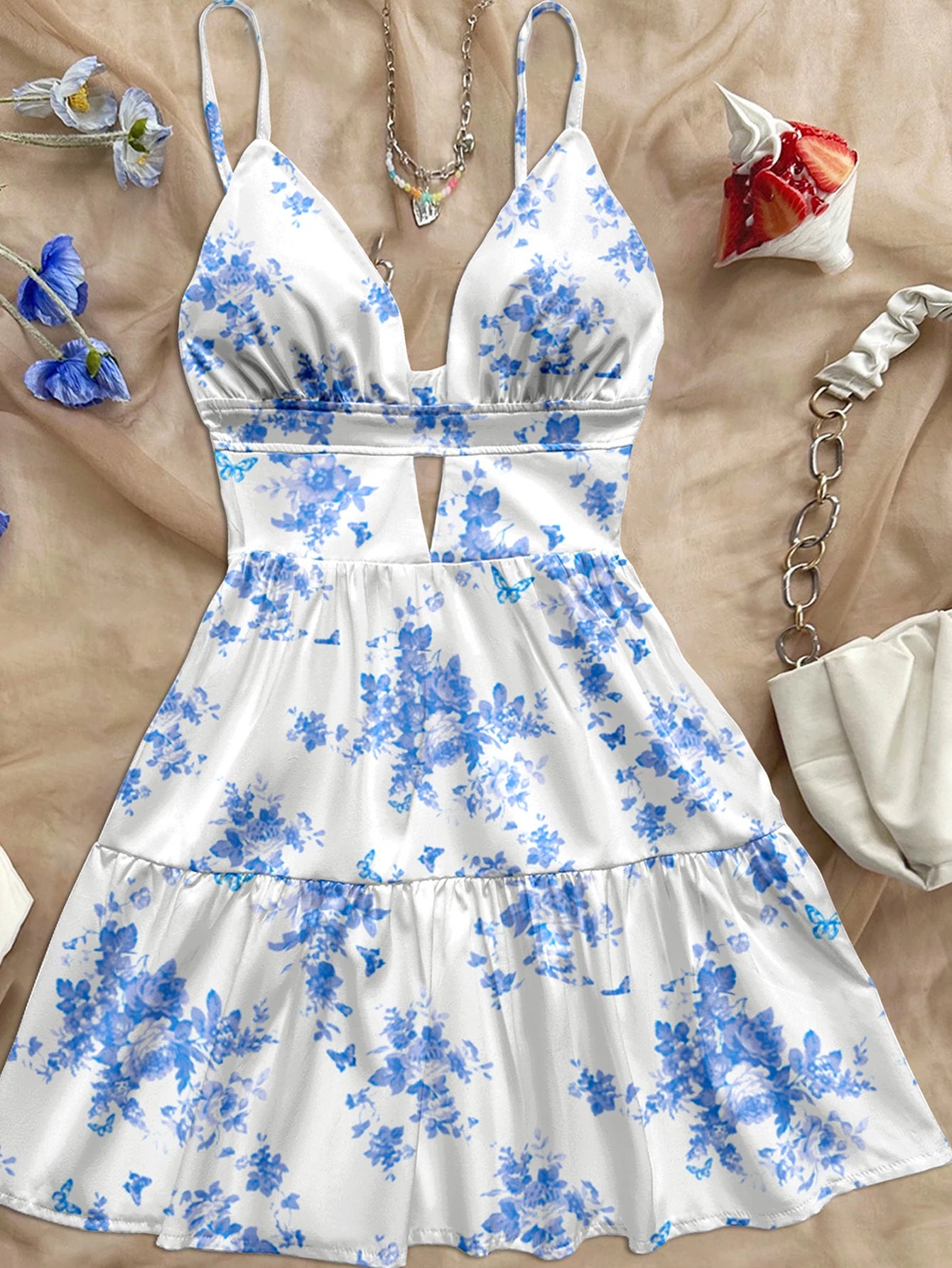 women's spring/summer new hot sale beach tropical vacation outfits light blue floral print slim fit short dress