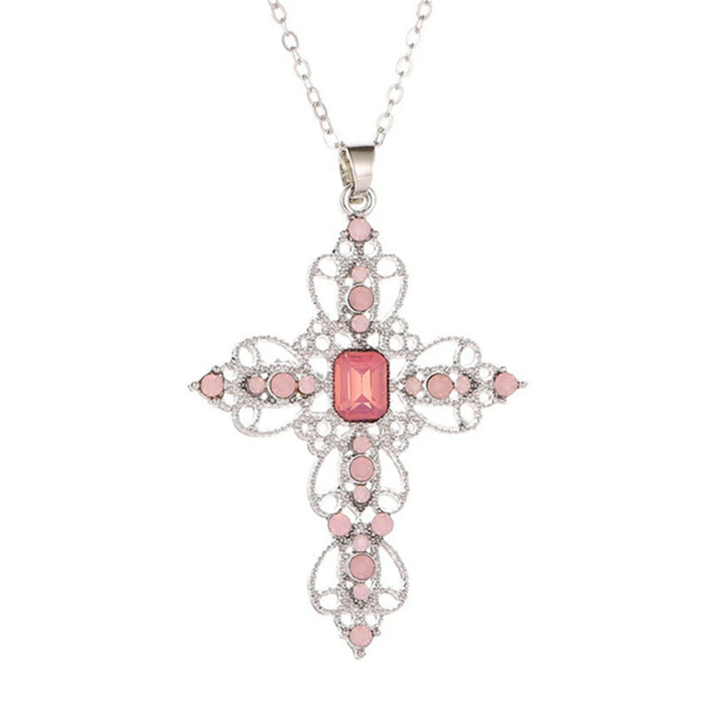 Large Detailed Cross Drill Pendant Jewel Necklace Silver Color Tone Gothic Punk Jewellery Fashion Charm Statement Women Gift