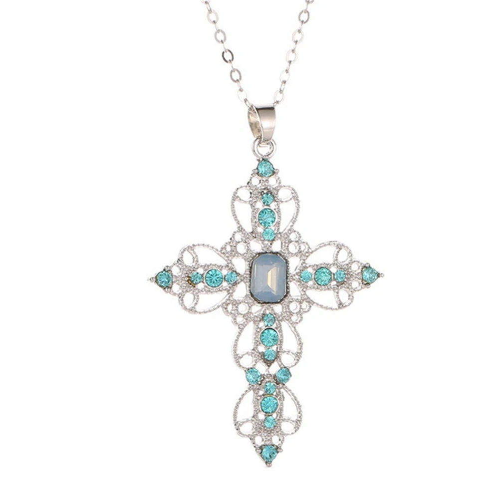 Large Detailed Cross Drill Pendant Jewel Necklace Silver Color Tone Gothic Punk Jewellery Fashion Charm Statement Women Gift