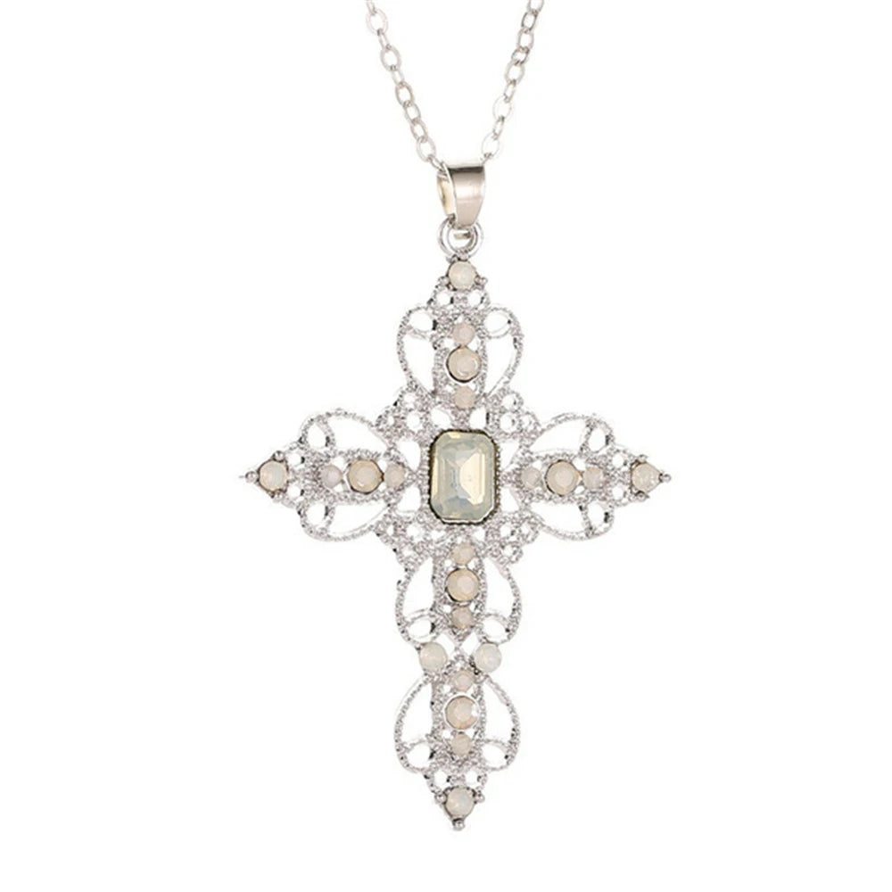 Large Detailed Cross Drill Pendant Jewel Necklace Silver Color Tone Gothic Punk Jewellery Fashion Charm Statement Women Gift