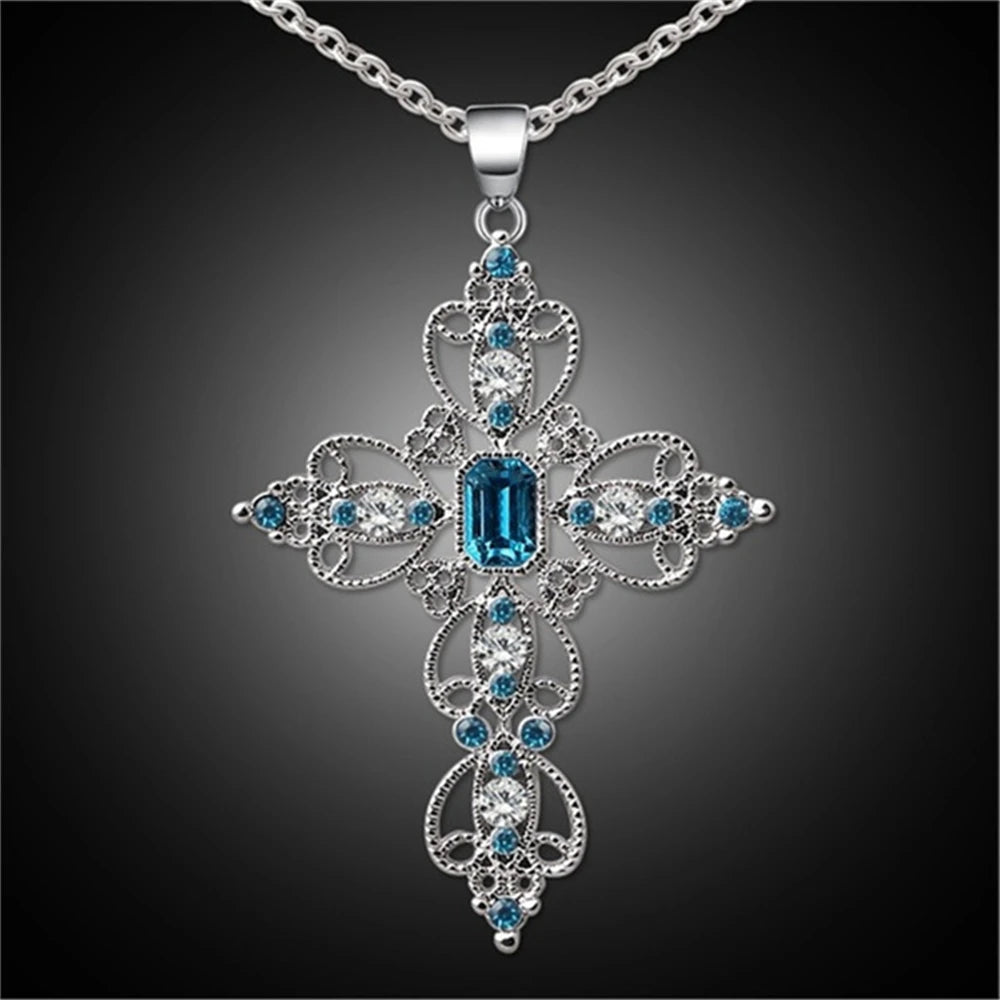 Large Detailed Cross Drill Pendant Jewel Necklace Silver Color Tone Gothic Punk Jewellery Fashion Charm Statement Women Gift