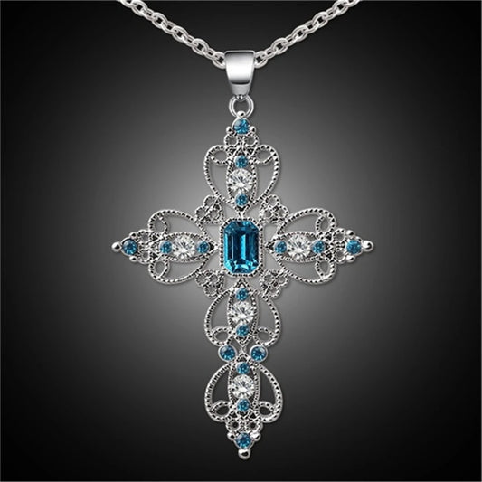 Large Detailed Cross Drill Pendant Jewel Necklace Silver Color Tone Gothic Punk Jewellery Fashion Charm Statement Women Gift