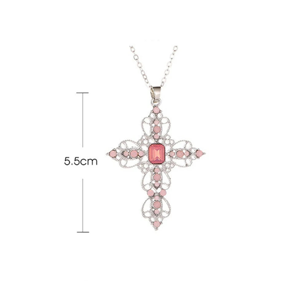 Large Detailed Cross Drill Pendant Jewel Necklace Silver Color Tone Gothic Punk Jewellery Fashion Charm Statement Women Gift