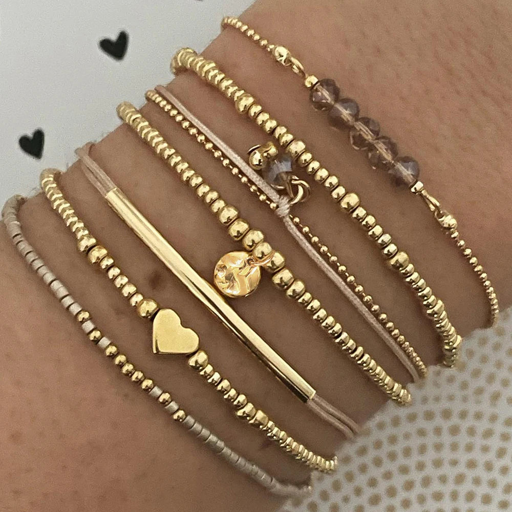7Pcs/Set Bohemian Style Heart Beads Round Pendant Adjustable String Beads Bracelet CCB Elastic Bracelet Set For Women