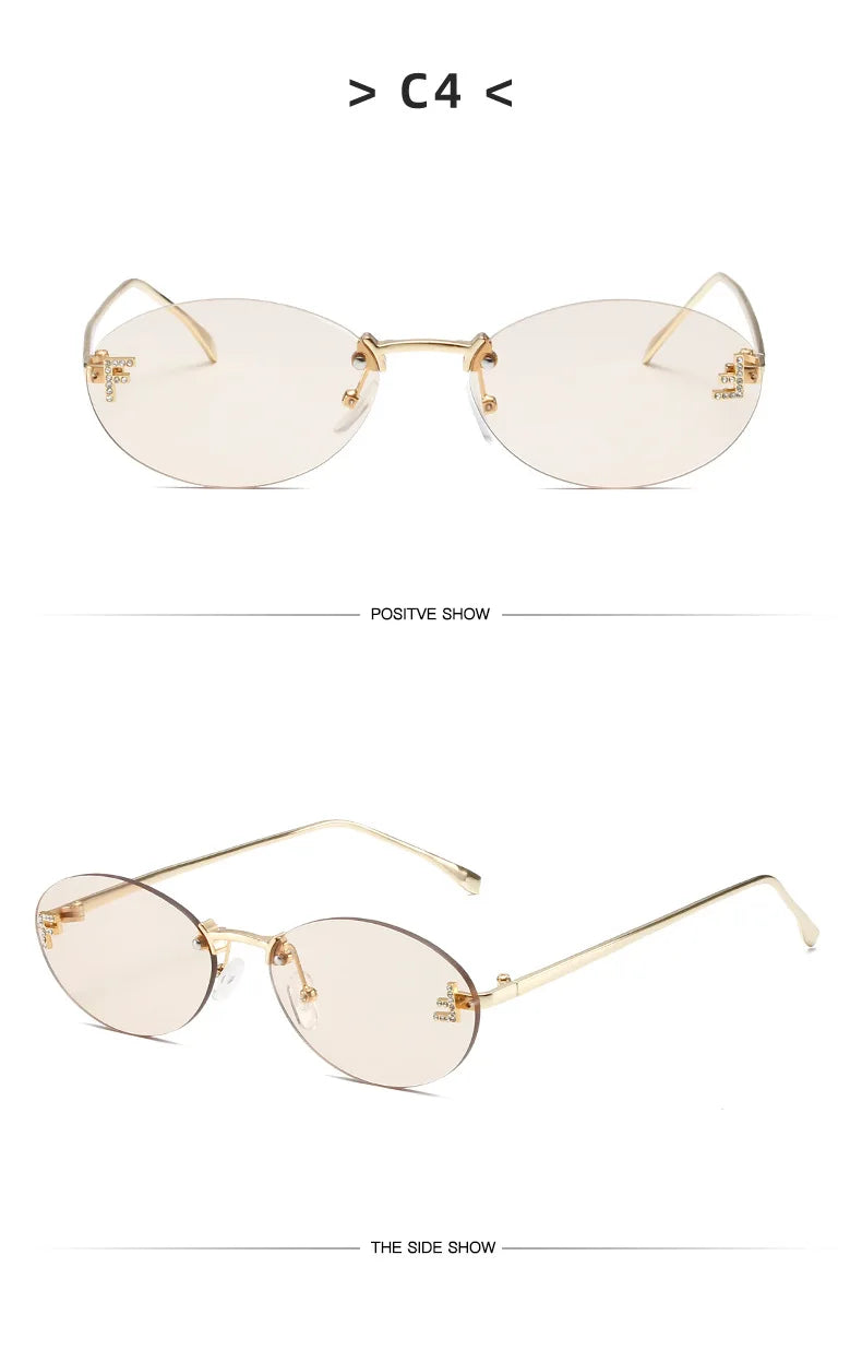 Diamond Letter "F" Rimless Sunglasses Women Luxury Brand Metal Frame Black Small Oval Sun Glasses Unsiex Elegant Shades UV400