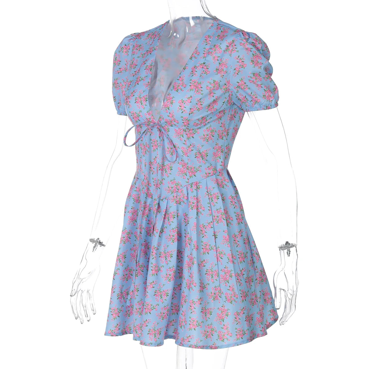Hugcitar 2025 Floral Print V Neck Short Sleeve Lace Up Zip Up Sexy Slim Pleated Mini Dress Summer Elegant Outfits Party Vacation