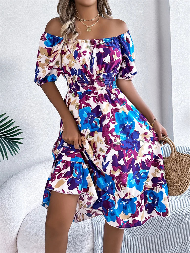 Spring Summer Square Collar Floral Mid-Length Dress Women's Casual Print A-Line Dress