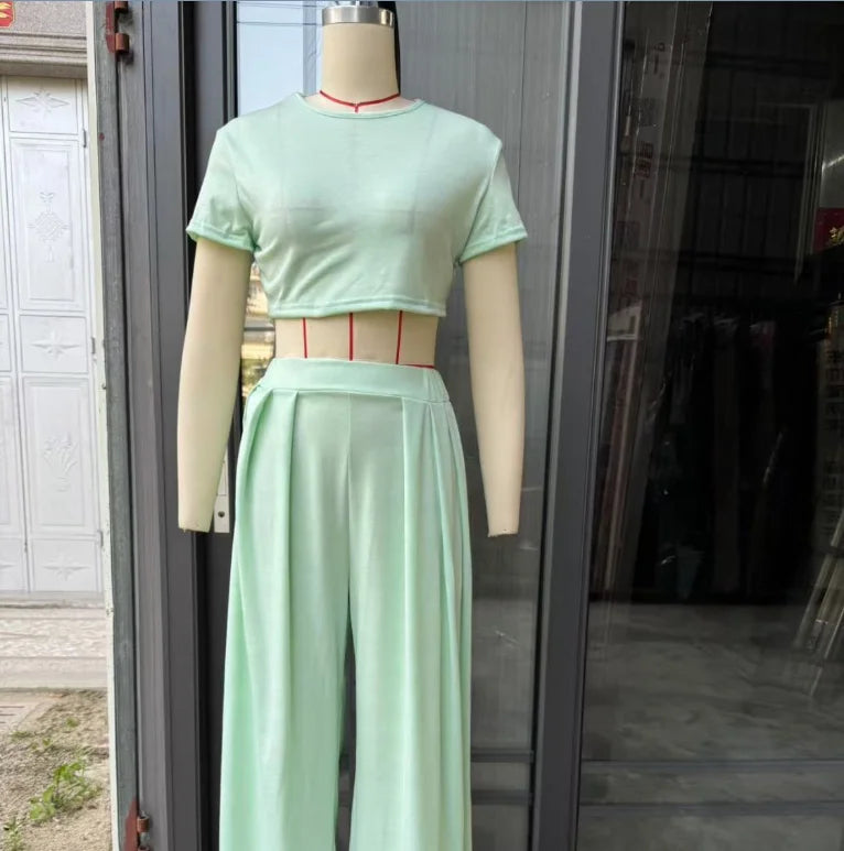 2025 Summer European and American Crew Neck Solid Color Sexy Wide-leg Pants Fashion Casual Set for Women