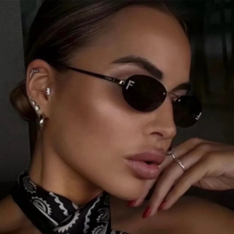Diamond Letter "F" Rimless Sunglasses Women Luxury Brand Metal Frame Black Small Oval Sun Glasses Unsiex Elegant Shades UV400