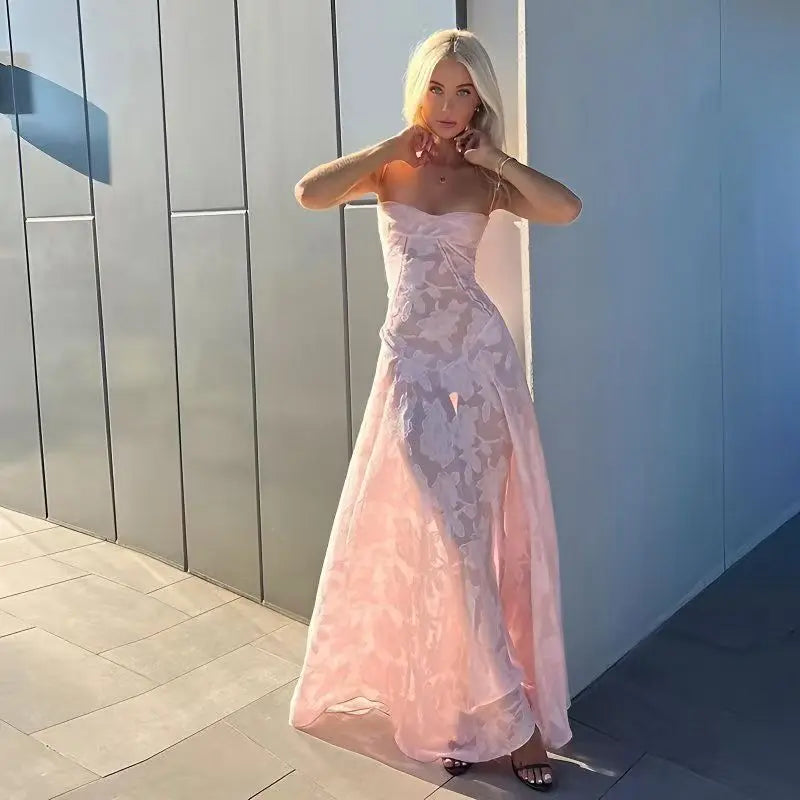 Laxsesu French romantic atmosphere pink jacquard camisole dress for women - elegant lightweight slim-fit hot girl maxi dress