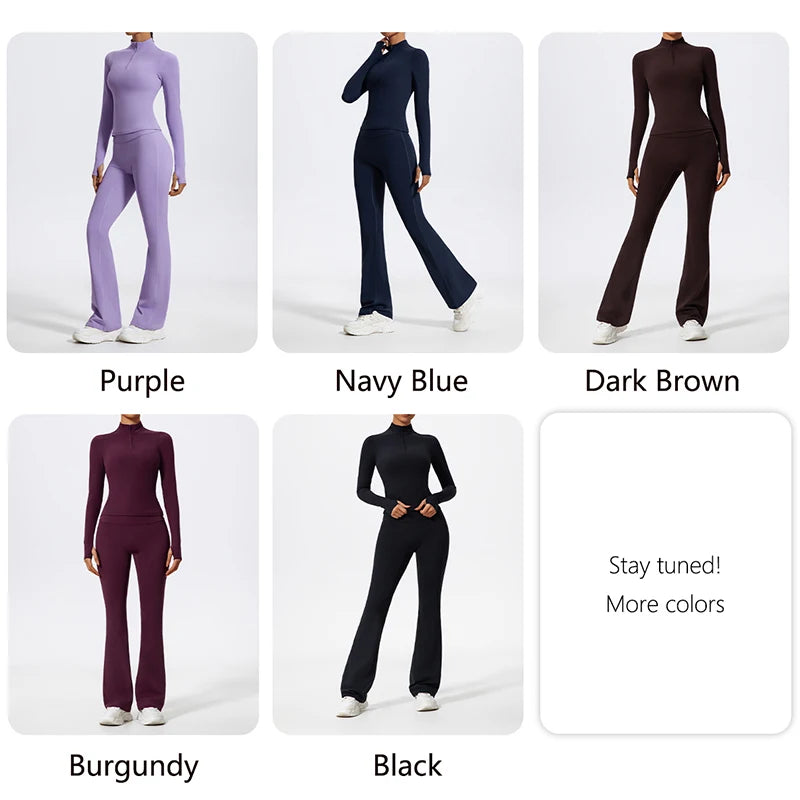 Hearuisavy Half Zipper Yoga Suit Outdoor Workout Clothing Casual Gym Set Women Flared Pants 2Pcs Sports Long Sleeves Shirt Suit