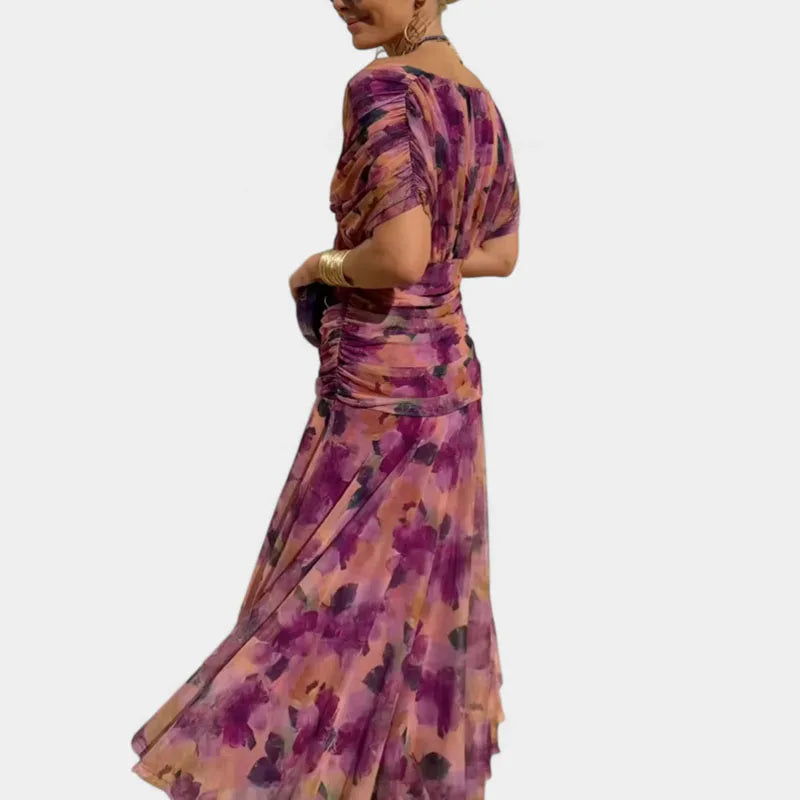 Elegant Woman Clothing Boho Floral Print High Waist Pleated Dress New Low Chest Batwing Sleeve Swing Party Cocktail A-Line Dress