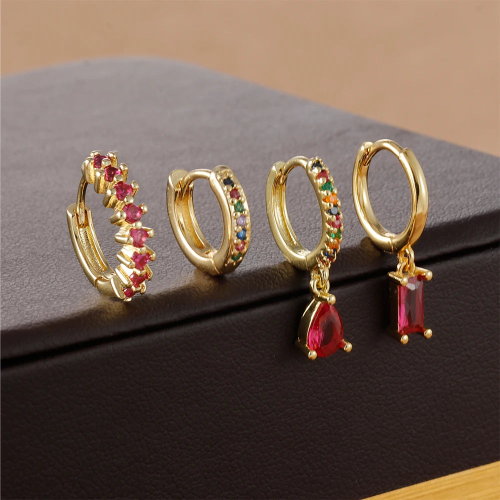 4pcs Korean Stainless Steel Zircon Water Drop Piercing Earrings Set For Women Simple Huggie Square Hoop Earring Fashion Jewelry