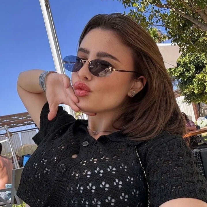 Diamond Letter "F" Rimless Sunglasses Women Luxury Brand Metal Frame Black Small Oval Sun Glasses Unsiex Elegant Shades UV400