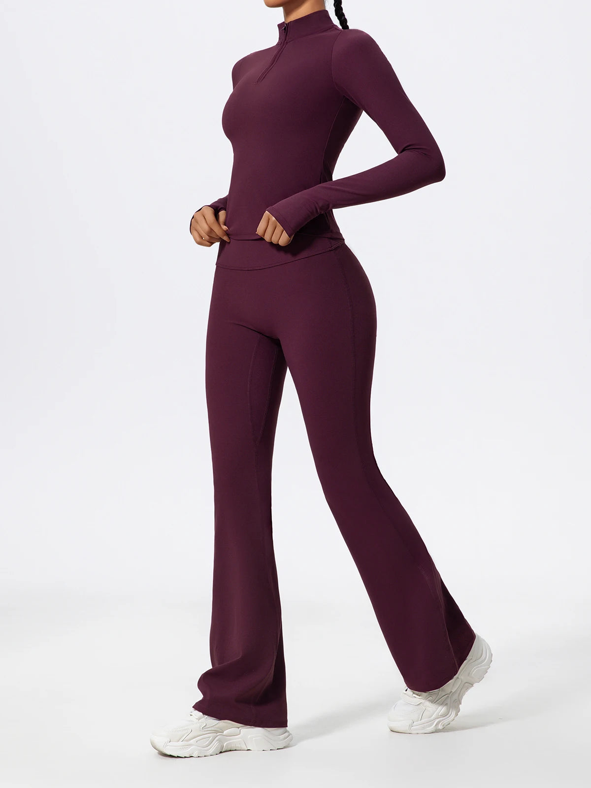 Hearuisavy Half Zipper Yoga Suit Outdoor Workout Clothing Casual Gym Set Women Flared Pants 2Pcs Sports Long Sleeves Shirt Suit