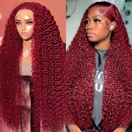 Burgundy Curly 13x6 Hd Lace Frontal Wig Human Hair 100% Brazilian 13x4 Water Deep Wave 99J Red Colored Wig For Women 40 46 Inch