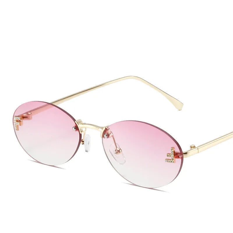 Diamond Letter "F" Rimless Sunglasses Women Luxury Brand Metal Frame Black Small Oval Sun Glasses Unsiex Elegant Shades UV400