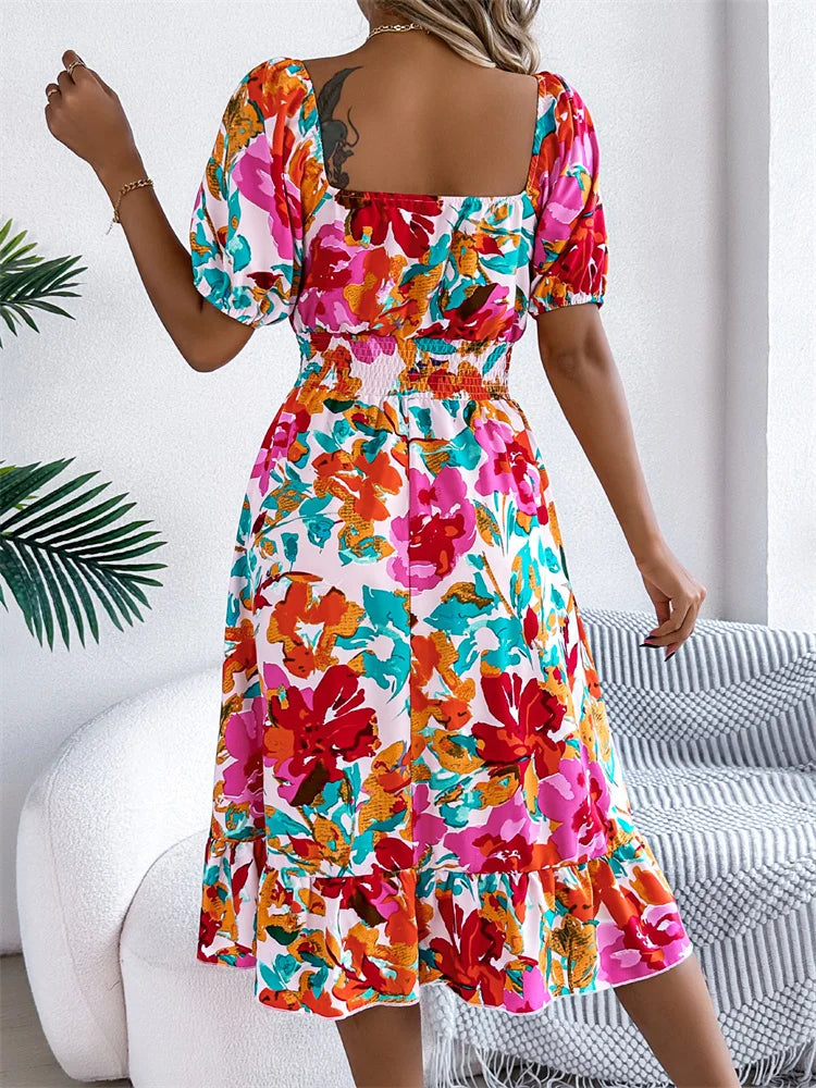 Spring Summer Square Collar Floral Mid-Length Dress Women's Casual Print A-Line Dress