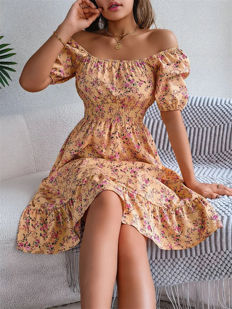Spring Summer Square Collar Floral Mid-Length Dress Women's Casual Print A-Line Dress