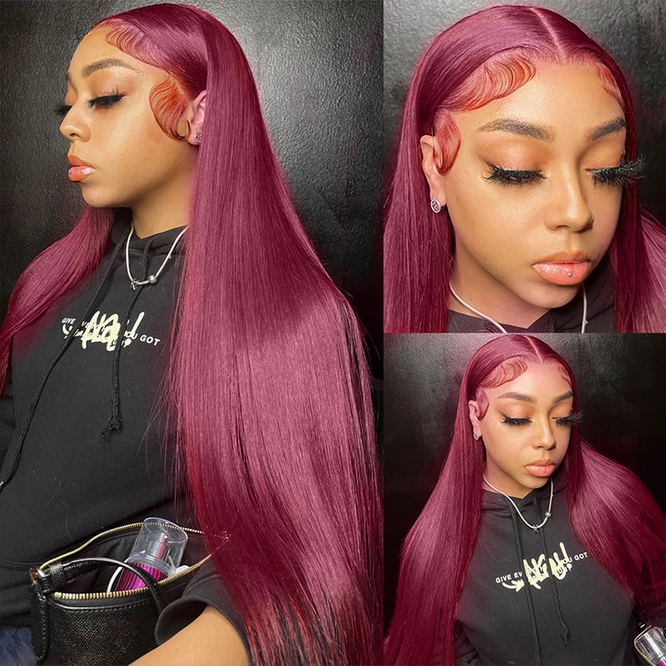 13x6 HD Lace Front Wig Human Hair Wigs 99J Red Burgundy Colored HD Transparent Pre Plucked Lace Frontal Human Hair Wigs Straight