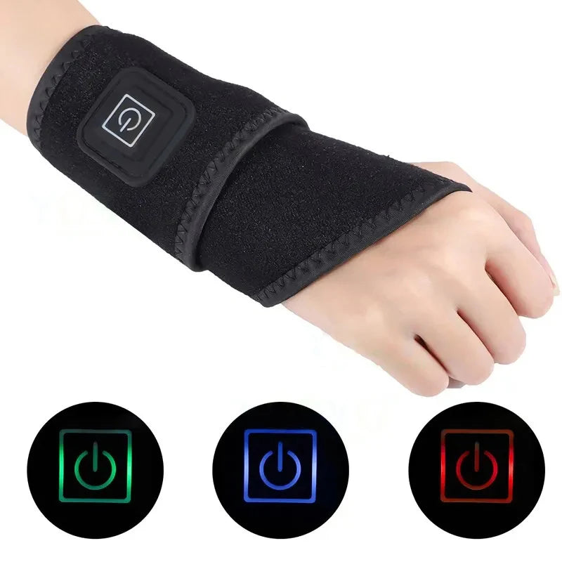 Electrically heated wrist brace with adjustable and breathable black strap for sports and hand joint protection tools