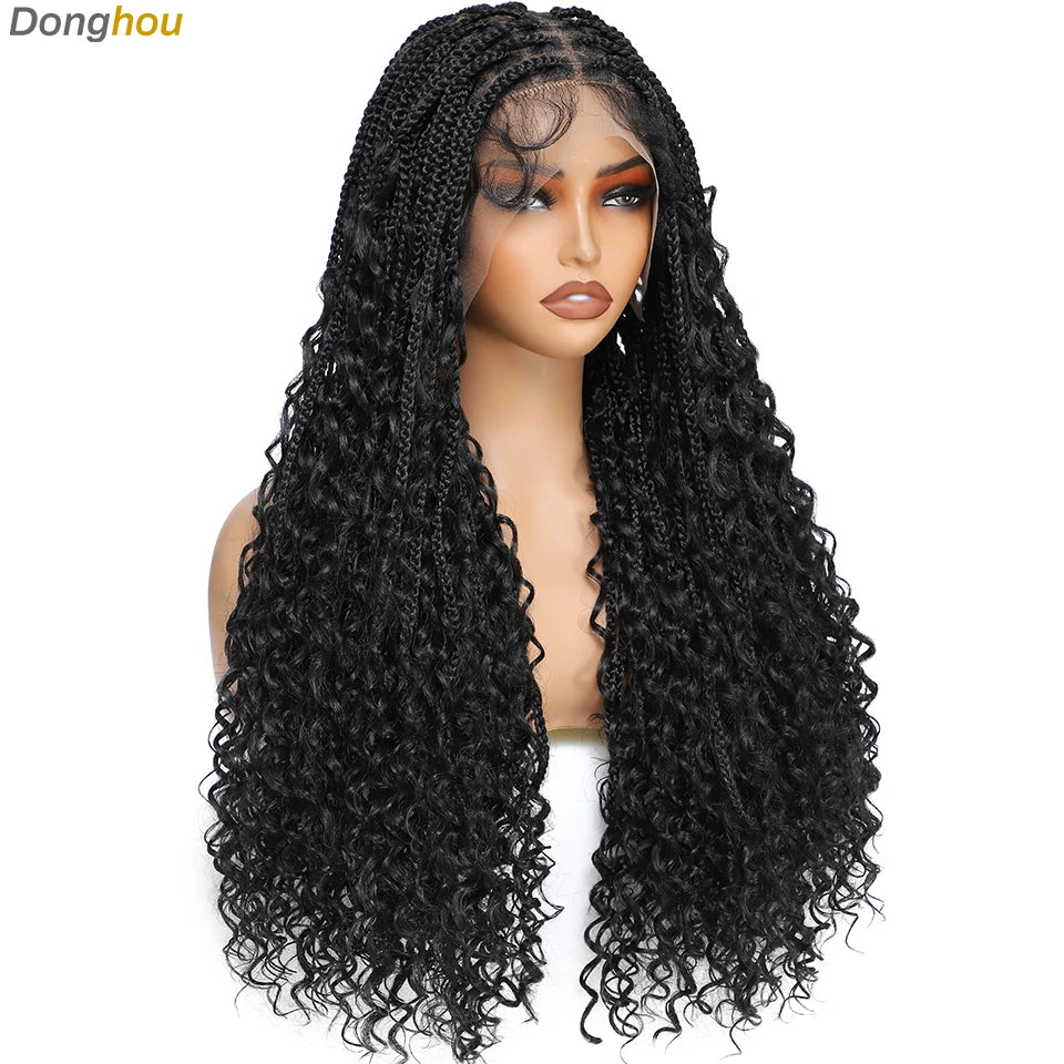 Boho Goddess Box Braid Wig with Baby Hair Lace Front Braided Wigs for Women Brown Hair Synthetic Blended Braids Wig Curly Hair