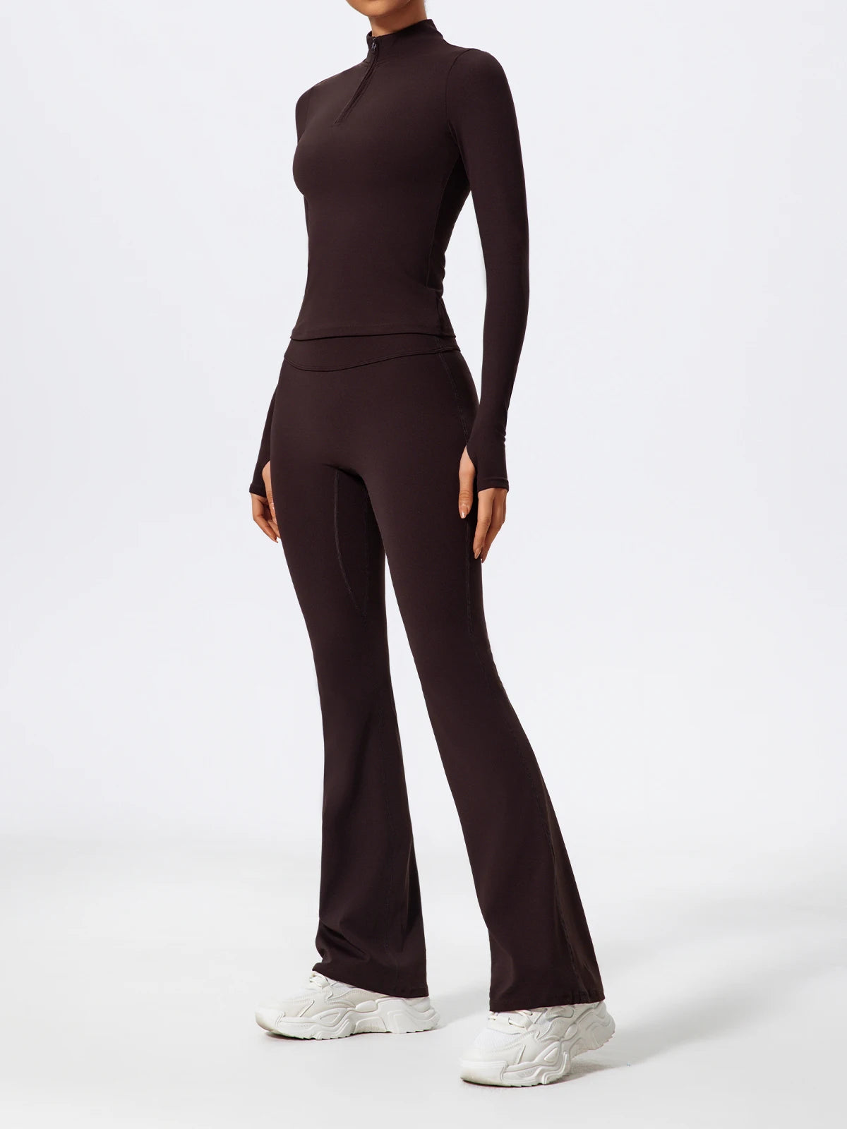 Hearuisavy Half Zipper Yoga Suit Outdoor Workout Clothing Casual Gym Set Women Flared Pants 2Pcs Sports Long Sleeves Shirt Suit