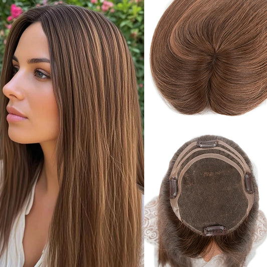 Balayage Brown 5x6 Swiss Lace Human Hair Toppers Premium Remy Hair 14"-16" Hand-Crocheted 130% Density Breathable