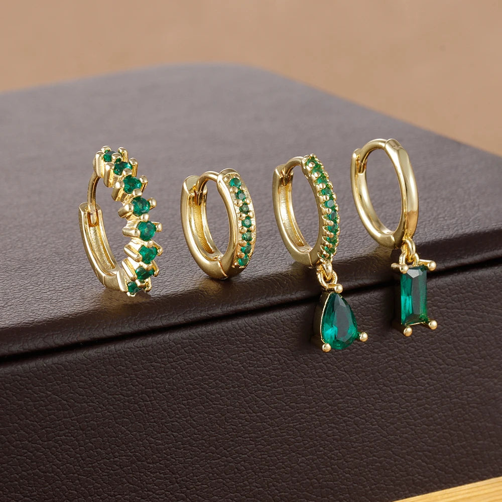 4pcs Korean Stainless Steel Zircon Water Drop Piercing Earrings Set For Women Simple Huggie Square Hoop Earring Fashion Jewelry