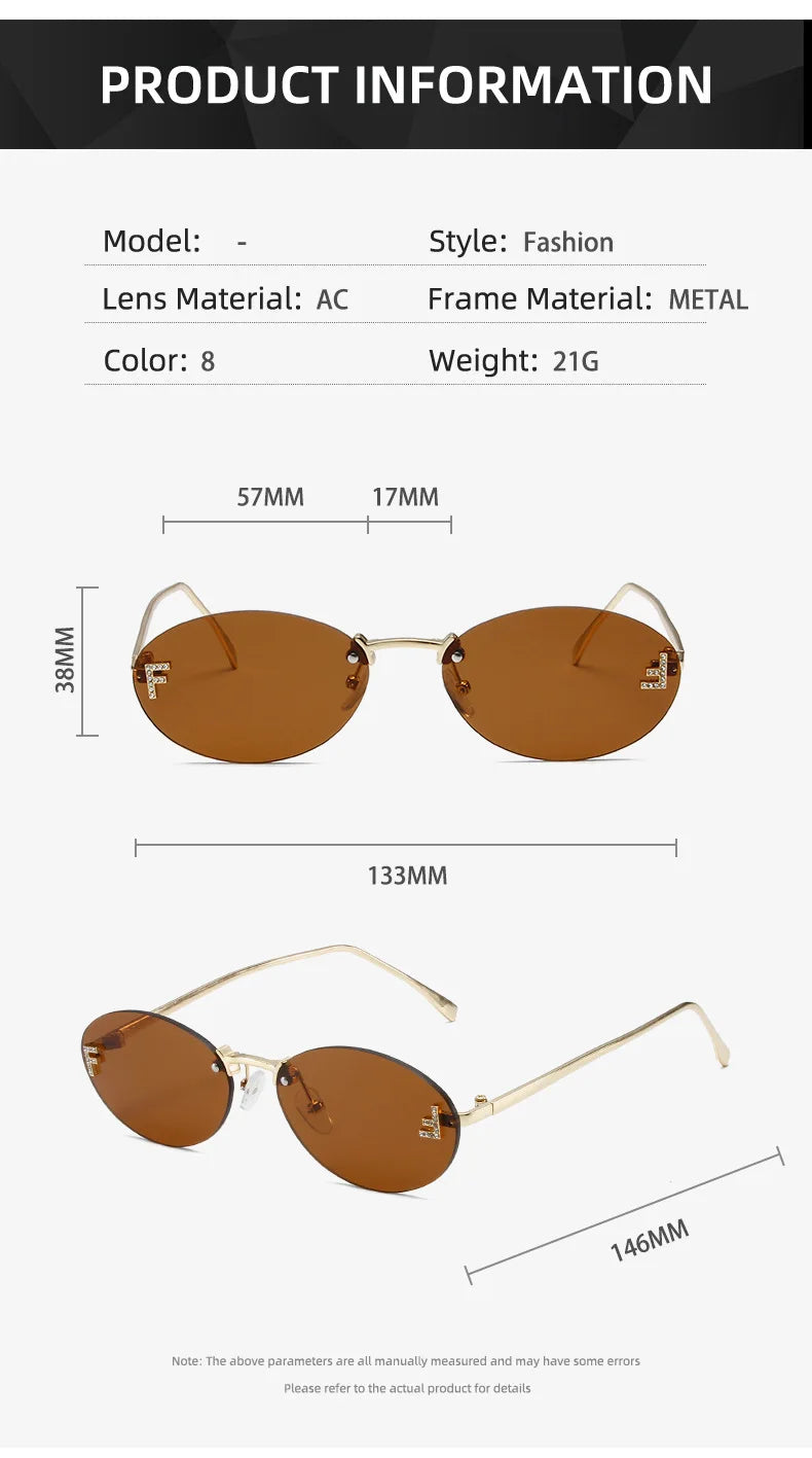 Diamond Letter "F" Rimless Sunglasses Women Luxury Brand Metal Frame Black Small Oval Sun Glasses Unsiex Elegant Shades UV400