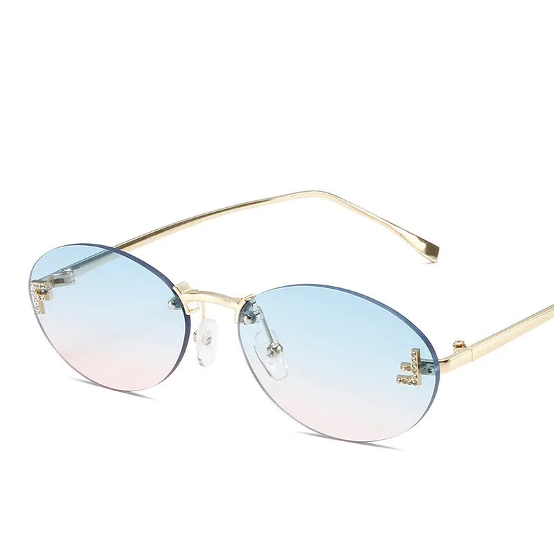 Diamond Letter "F" Rimless Sunglasses Women Luxury Brand Metal Frame Black Small Oval Sun Glasses Unsiex Elegant Shades UV400