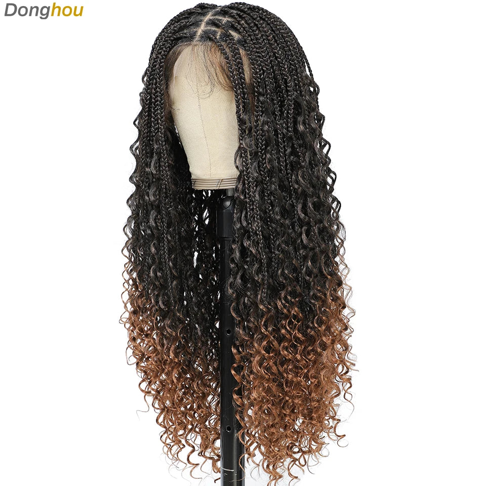 Donghou 24” Boho Box Braid Wigs Embroidery Bohemian Braids Wigs Knotless Square Part Braided Lace Wig Pre Plucked with Baby Hair
