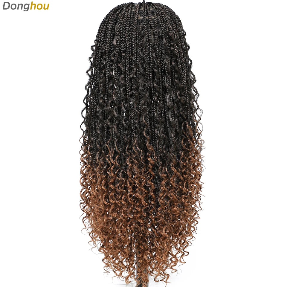 Boho Goddess Box Braid Wig with Baby Hair Lace Front Braided Wigs for Women Brown Hair Synthetic Blended Braids Wig Curly Hair